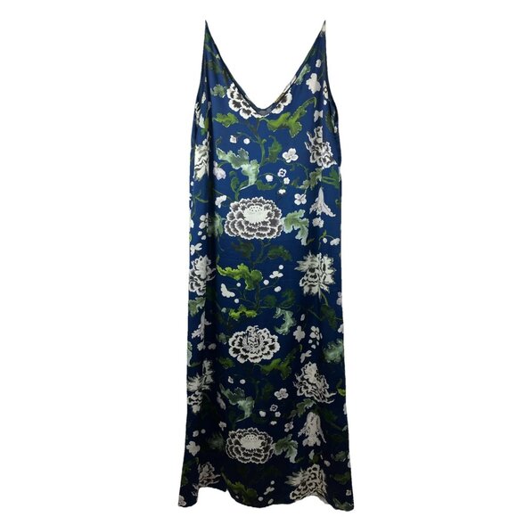 0 Adam Lippes Blue Floral Silk Dress Asian Lotus Print - Picture 1 of 5